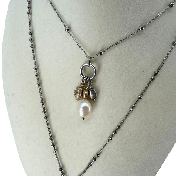 J. Jill Layered Necklace Silver Gold Pear Charm Beaded Rhinestone Adjustable NWT - Picture 4 of 13